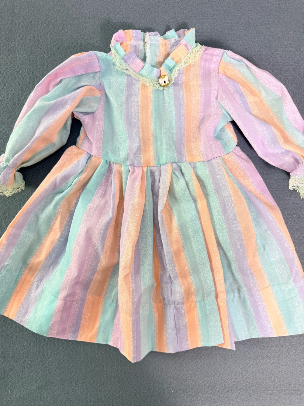 Vintage Handmade Doll Dress Pastel Rainbow Striped Lace Victorian Cottagecore